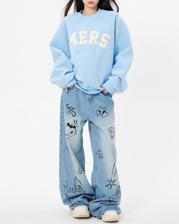 Blue Cat Print Jeans