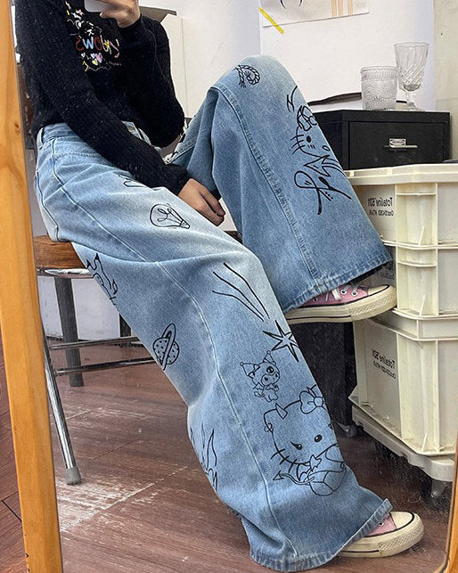 Blue Cat Print Jeans