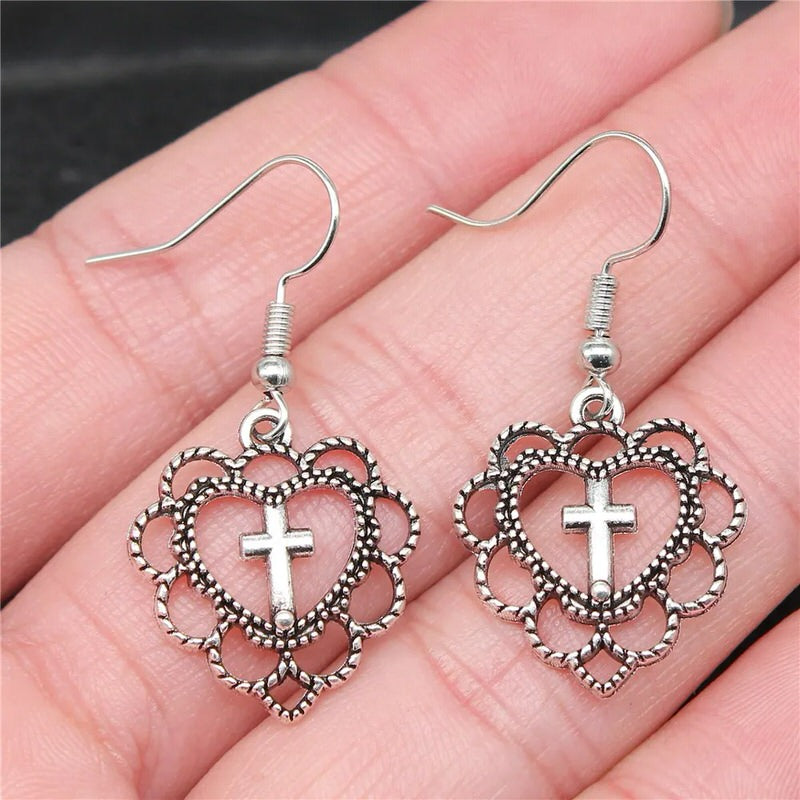 Elegant Love Heart Cross Earrings