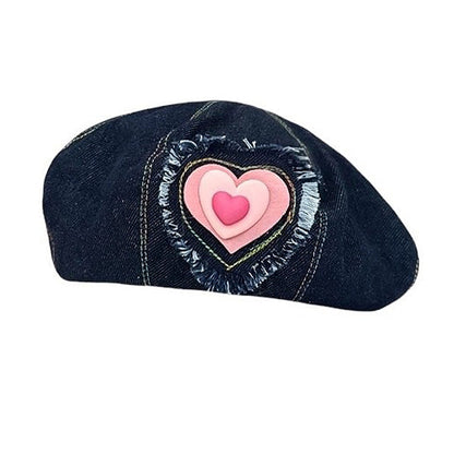 Heart Patch Denim Beret Hat