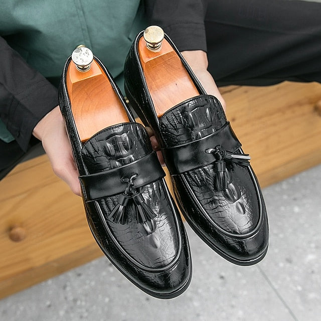 Men's Leather Loafers with Crocodile Embossed Faux Green
