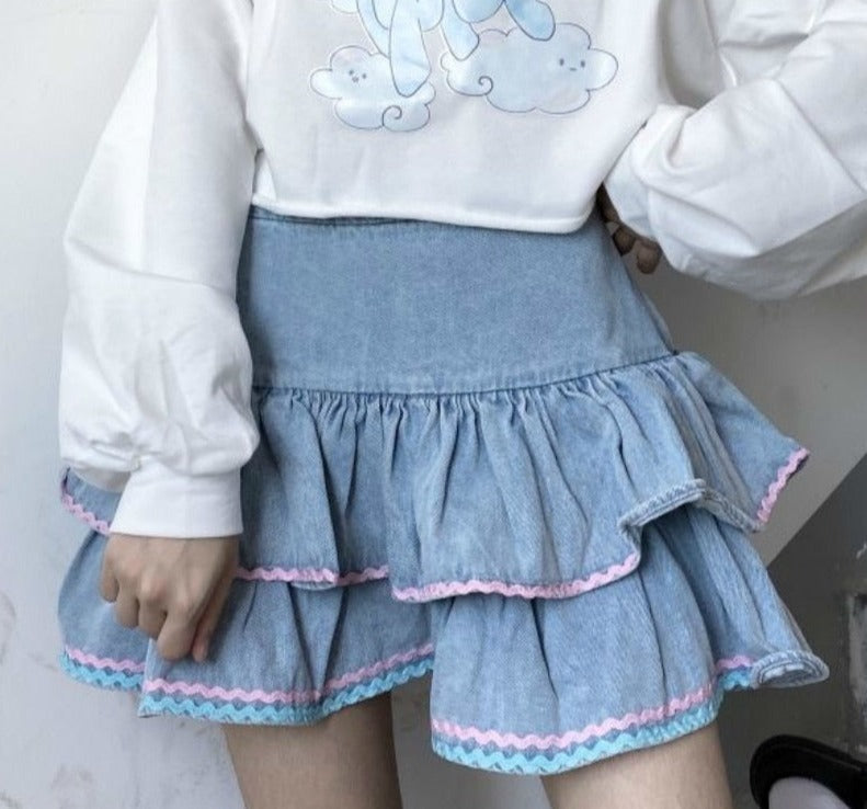 Kawaii denim tiered cake skirt pink ruffled icing piping