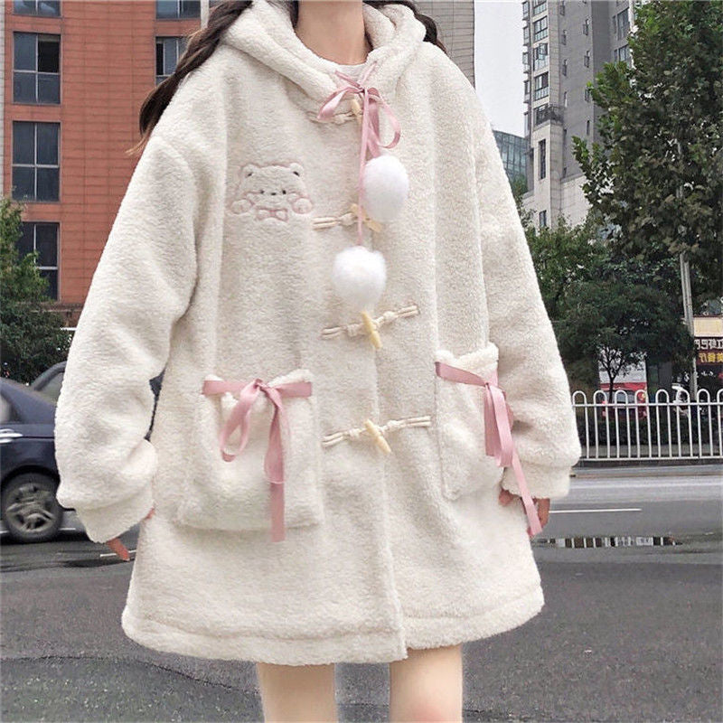 Kawaii fuzzy bear pink or white jacket winter coat pom poms