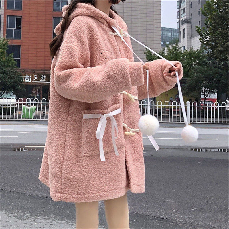 Kawaii fuzzy bear pink or white jacket winter coat pom poms