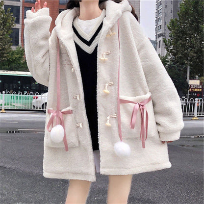 Kawaii fuzzy bear pink or white jacket winter coat pom poms