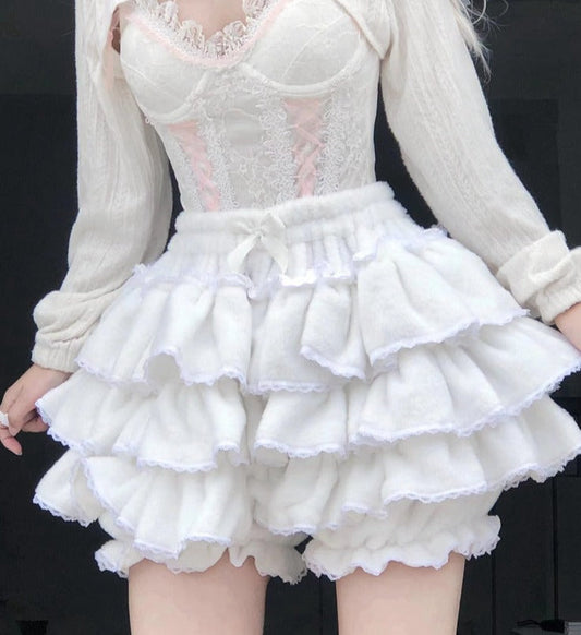 Kawaii fuzzy white ruffled shorts layered bloomers