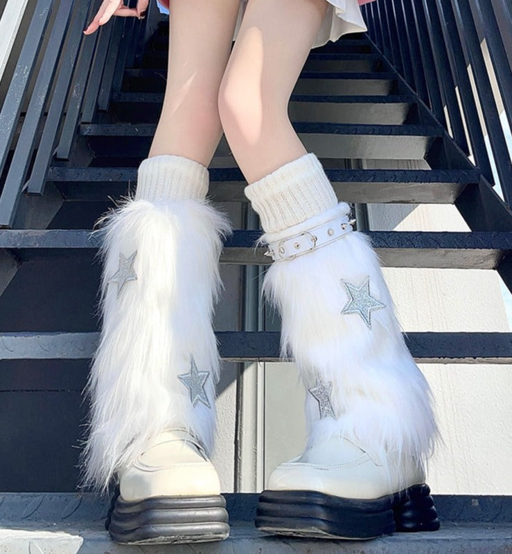 Kawaii fuzzy white star fur leg warmers socks