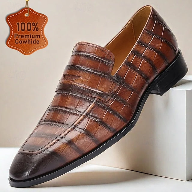 Shoes Leather Pattern Crocodile Classic Dress - Brown Men's