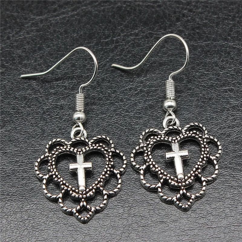 Love Heart Cross Earrings - Standart / Silver - earrings