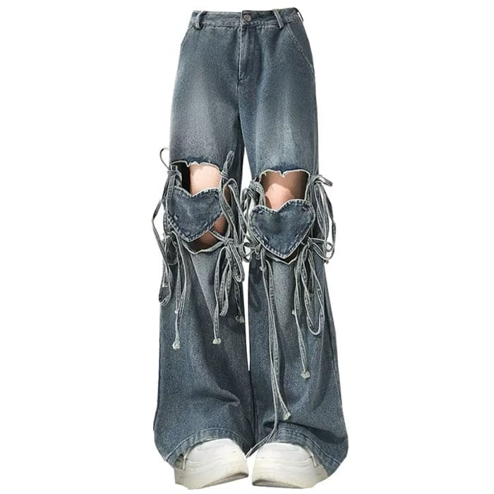 Love Knot Knee-Heart Denim Pants - S / Blue - Jeans