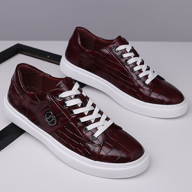 Crocodile Men's Pattern with Leather Sneakers Burgundy Faux