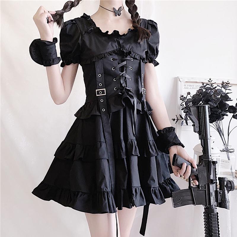 Y2K Ruffle Lace Up Buckle Gothic Sweet Dress