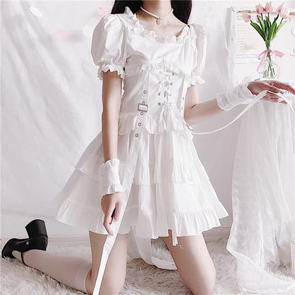 Y2K Ruffle Lace Up Buckle Gothic Sweet Dress