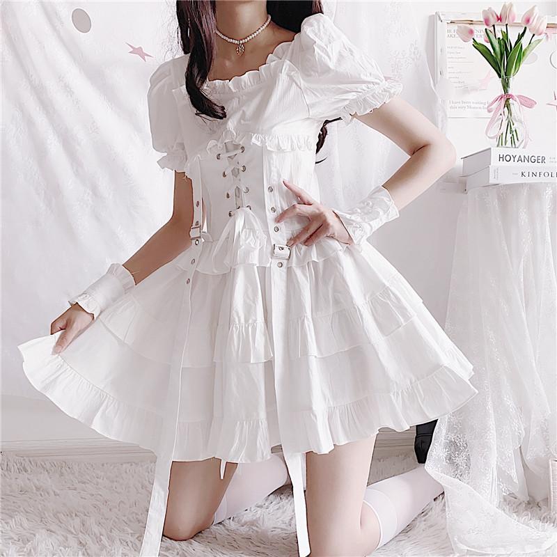 Y2K Ruffle Lace Up Buckle Gothic Sweet Dress