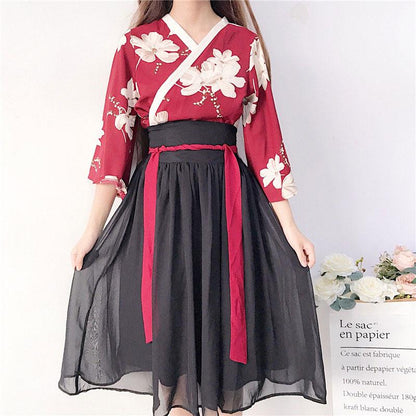 Floral Red Black Hanfu Costume Set