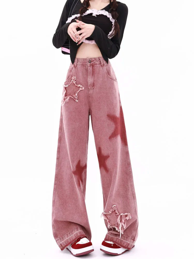 Pink y2k star girl jeans - denim - jeans - kawaii - plus size - star