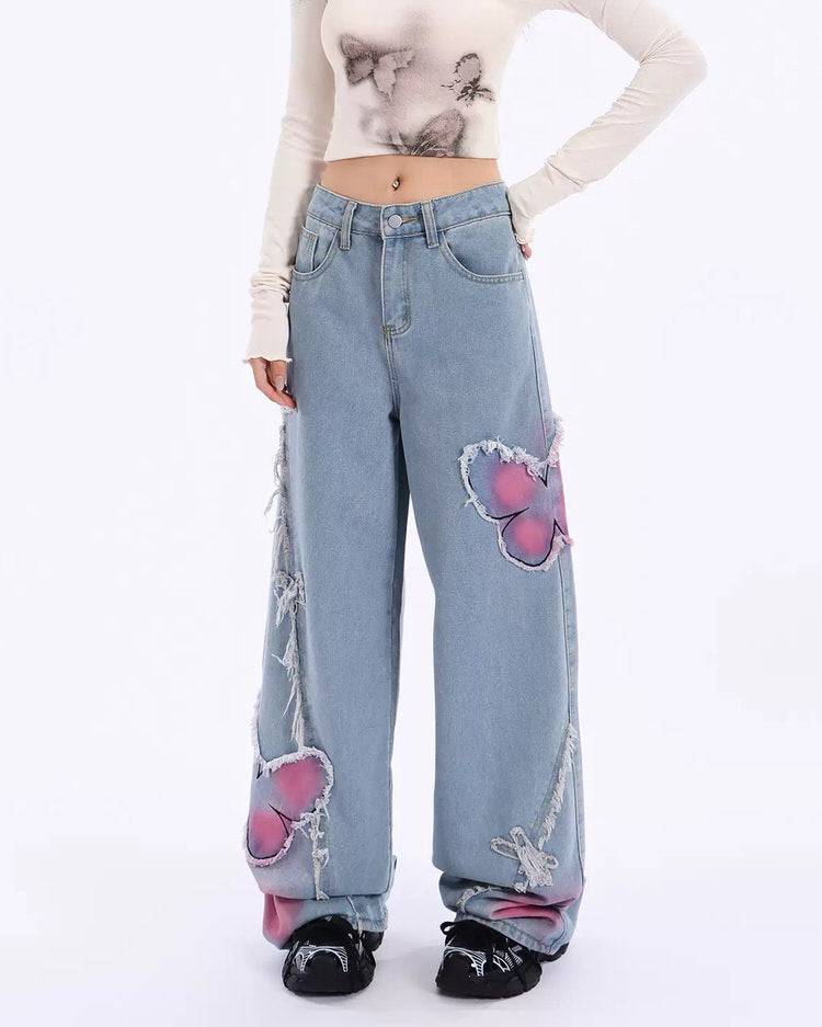 Y2K Pink Butterfly Wide Leg Jeans