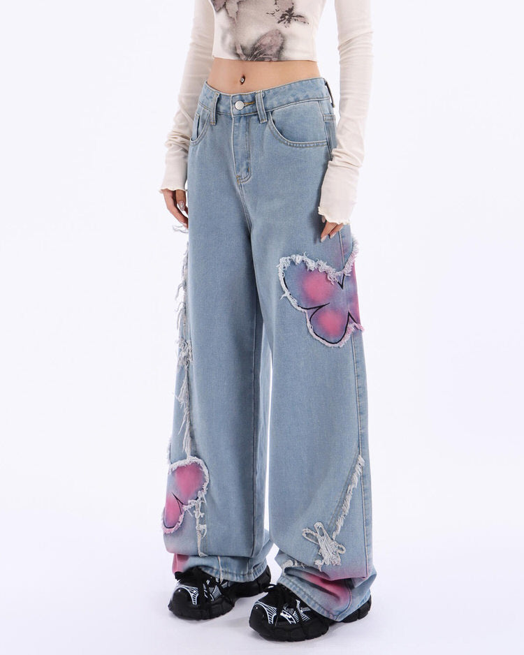 Y2K Pink Butterfly Wide Leg Jeans