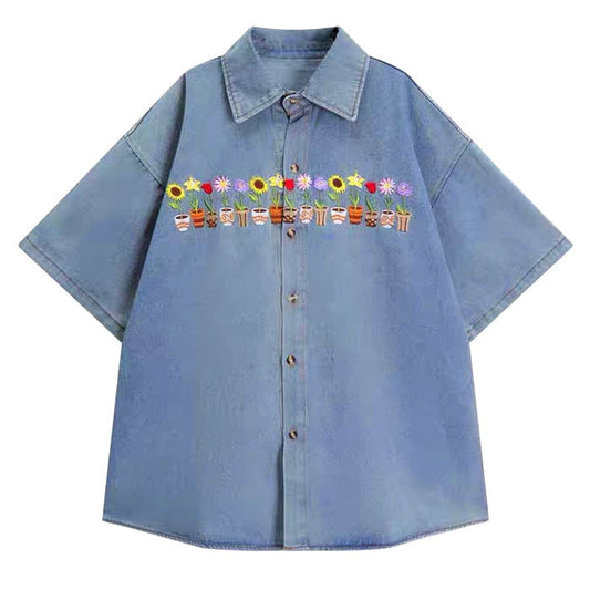 Floral Pots Embroidery Denim Shirt