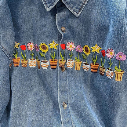 Floral Pots Embroidery Denim Shirt