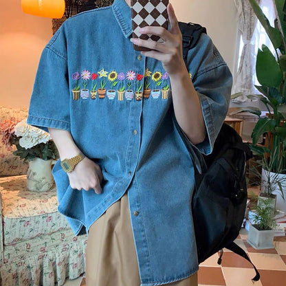 Floral Pots Embroidery Denim Shirt