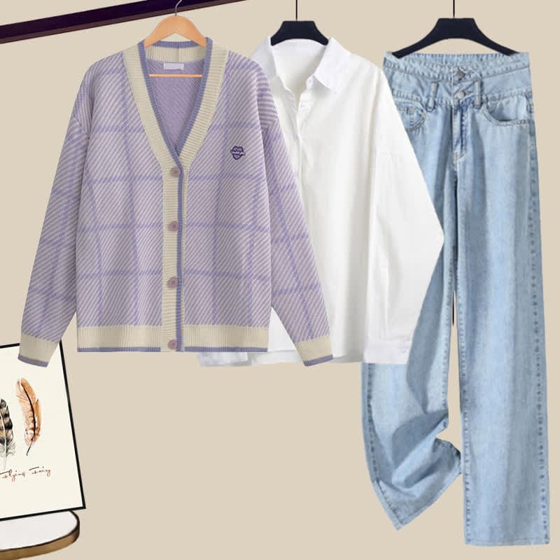 Purple Plaid Cardigan Lapel Shirt Denim Pants Set - Set / M