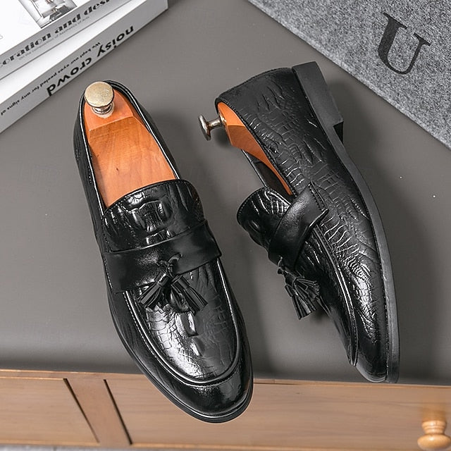 Men's Leather Loafers with Crocodile Embossed Faux Green