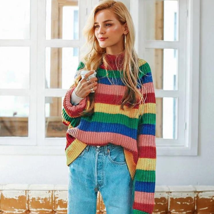 Roll Neck Rainbow Knit Jumper