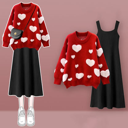 Red Heart Pattern Sweater Knit Slip Dress Set