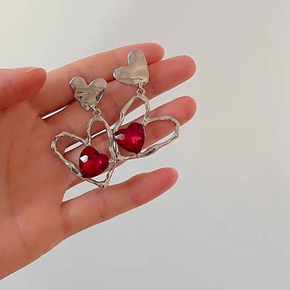 Red Stone Heart Earrings - Standart / Silver/red - earrings