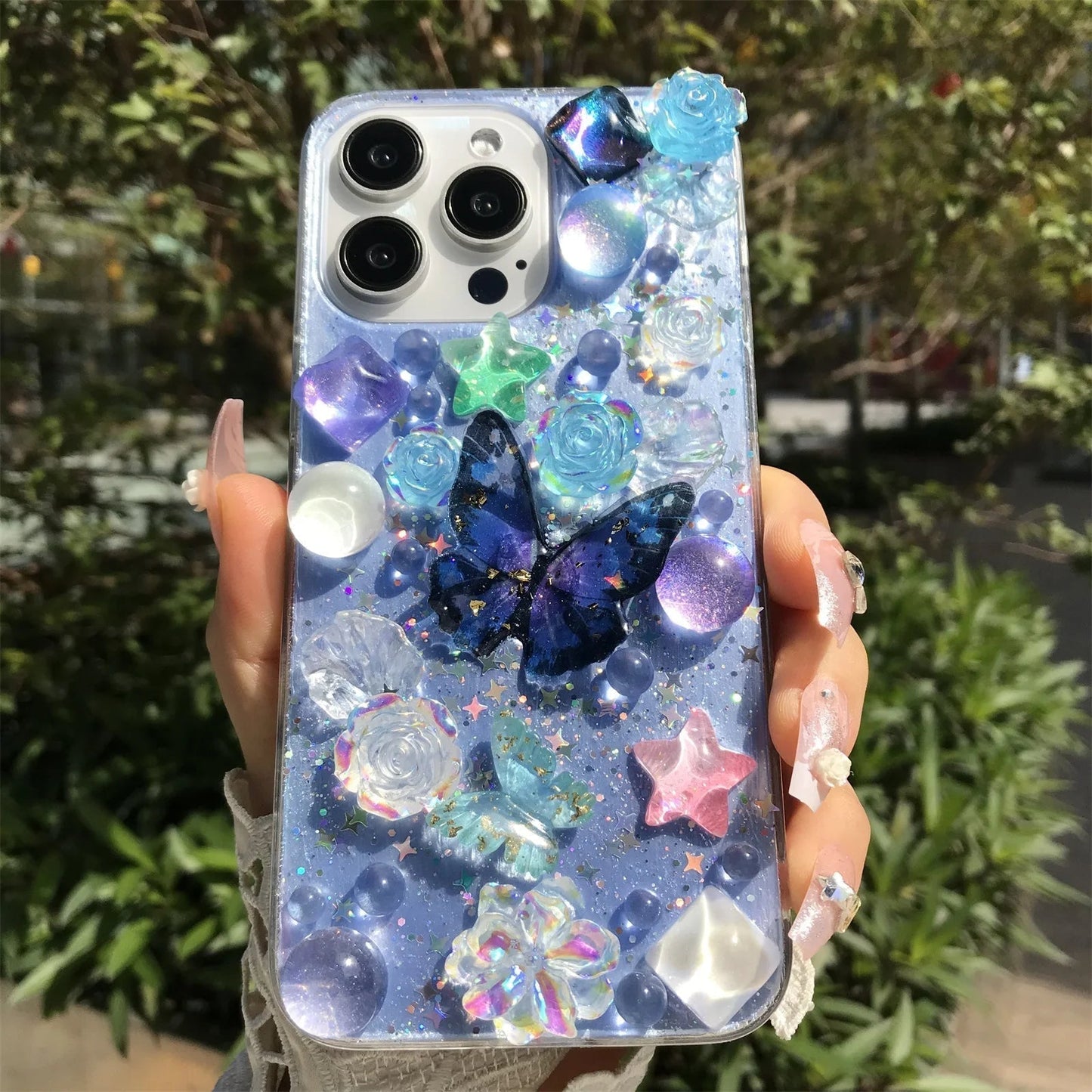 Kawaii shimmering butterfly & flowers iphone case