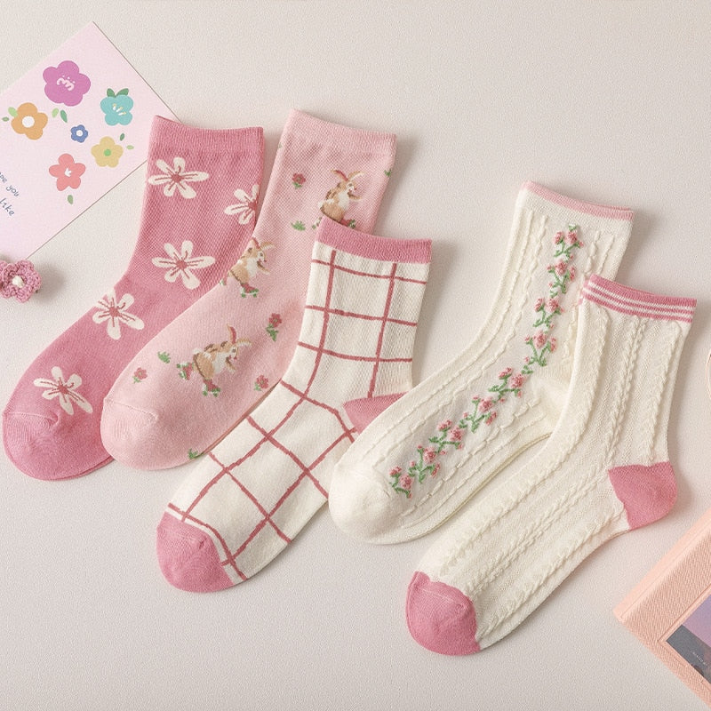 Spring pink floral socks - bows - floral - flower - flowers - heart