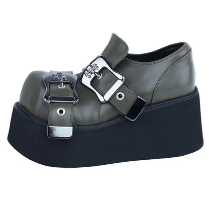 Square Toe Skull Buckled Platform Wedge Heel Loafers KP31 - 