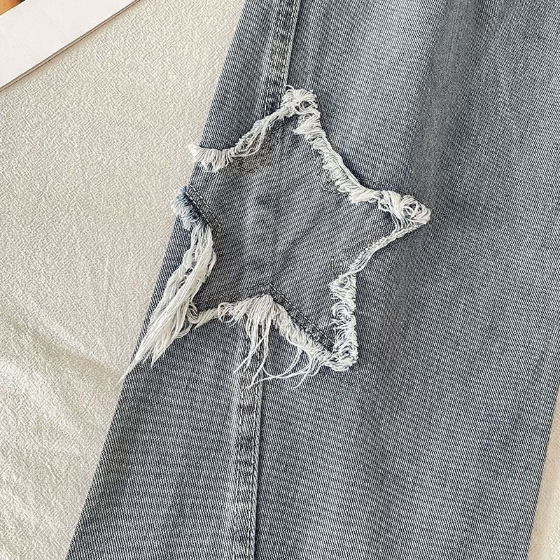 Kawaii tattered & frayed star patchwork y2k denim blue jeans