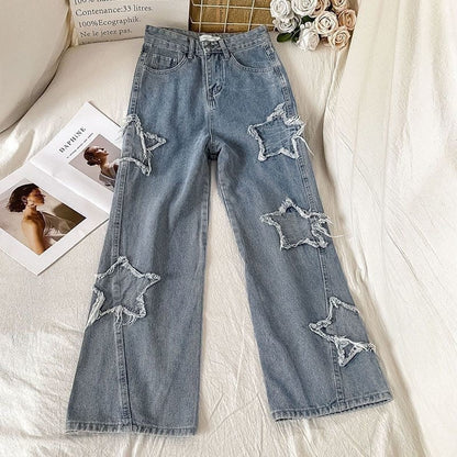 Kawaii tattered & frayed star patchwork y2k denim blue jeans