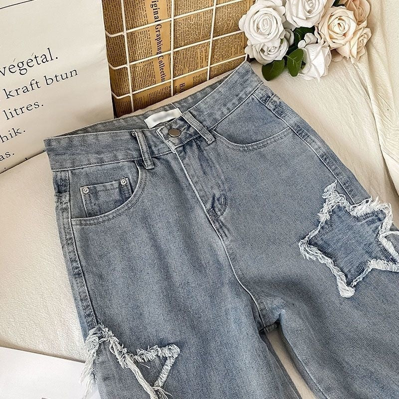 Kawaii tattered & frayed star patchwork y2k denim blue jeans