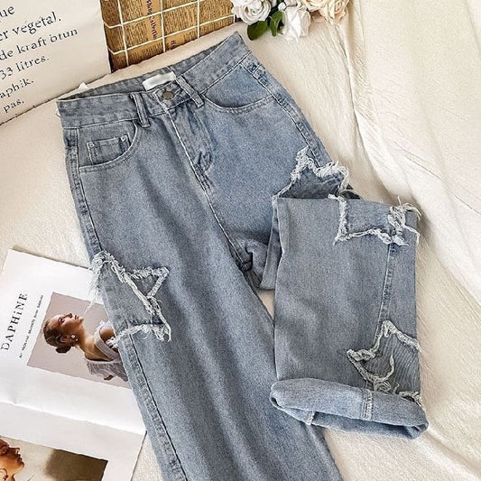 Kawaii tattered & frayed star patchwork y2k denim blue jeans