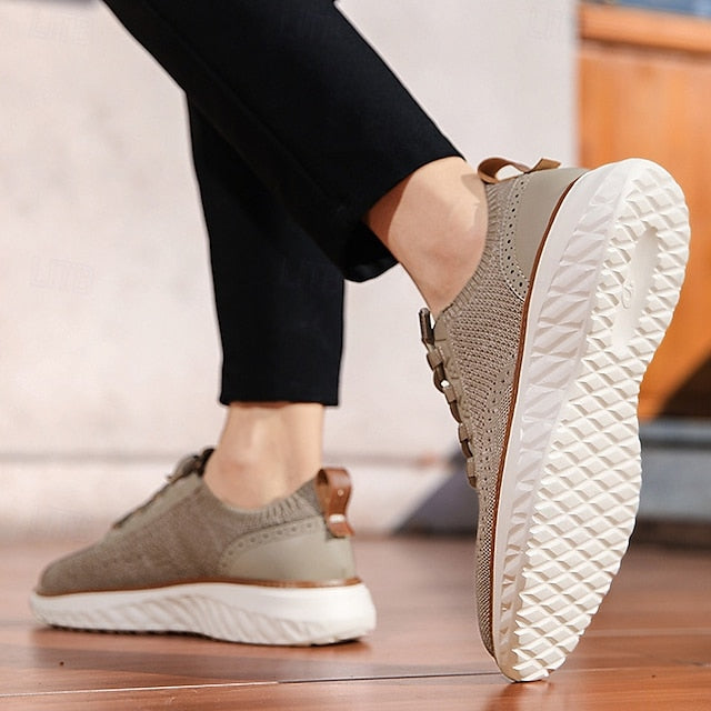 Lightweight Men's with Beige Knit Sneakers Shoes Lace-Up