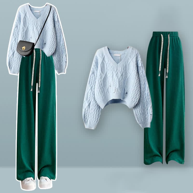 V-neck Cable Knit Sweater Green Pants Set - Blue Set / M