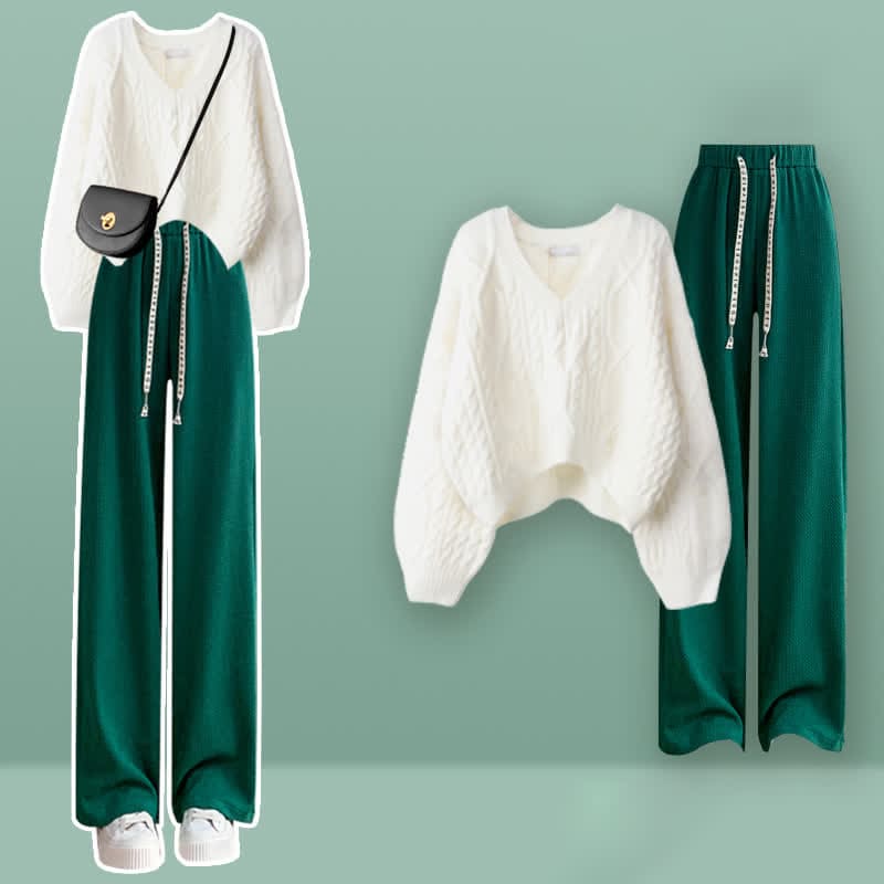 V-neck Cable Knit Sweater Green Pants Set - White Set / M