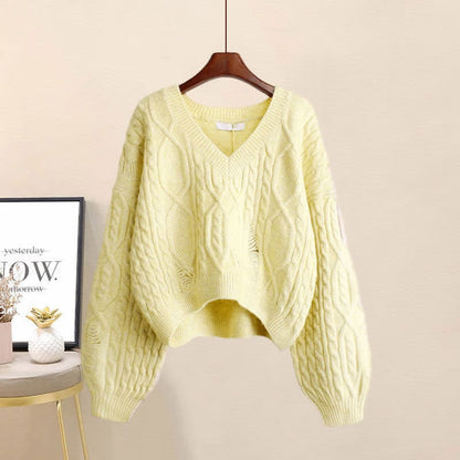 V-neck Cable Knit Sweater Green Pants Set - Yellow Sweater