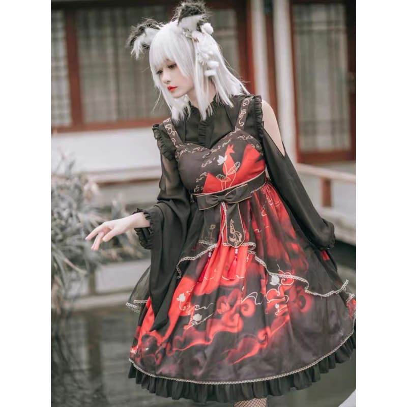 Vintage Fox and Cloud Dress - S / Red - Modern Hanfu