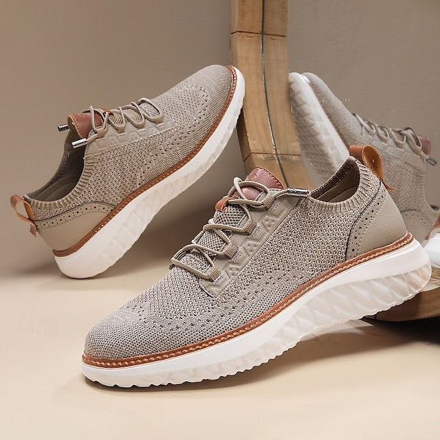 Lightweight Men's with Beige Knit Sneakers Shoes Lace-Up