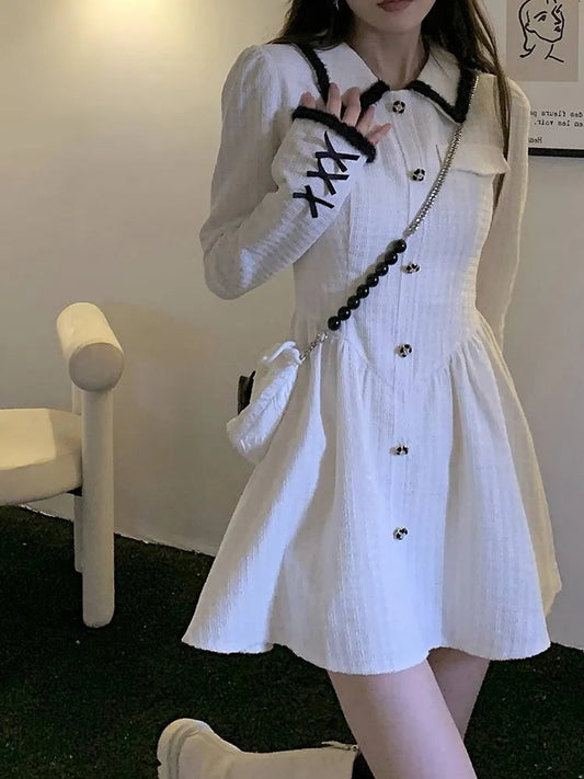 Kawaii white flared collar button-up sailor academia dress