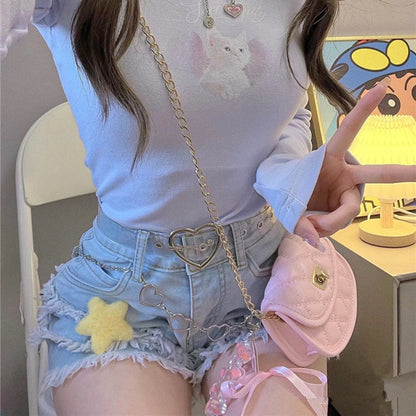 Kawaii y2k punk rock edgy denim star shorts and chain