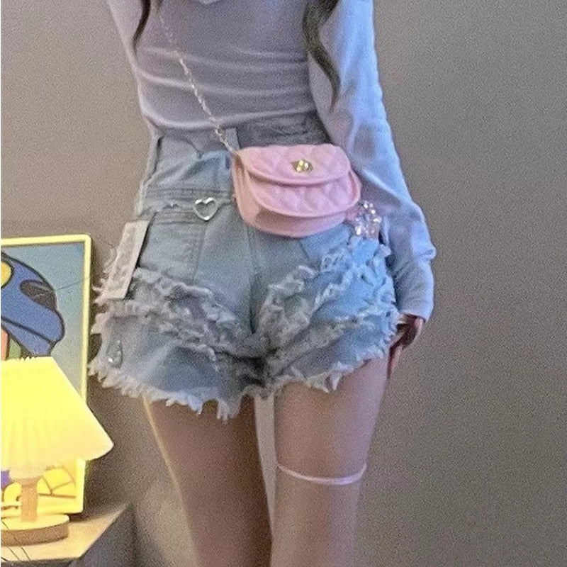 Frilly Denim Star Shorts And Chain