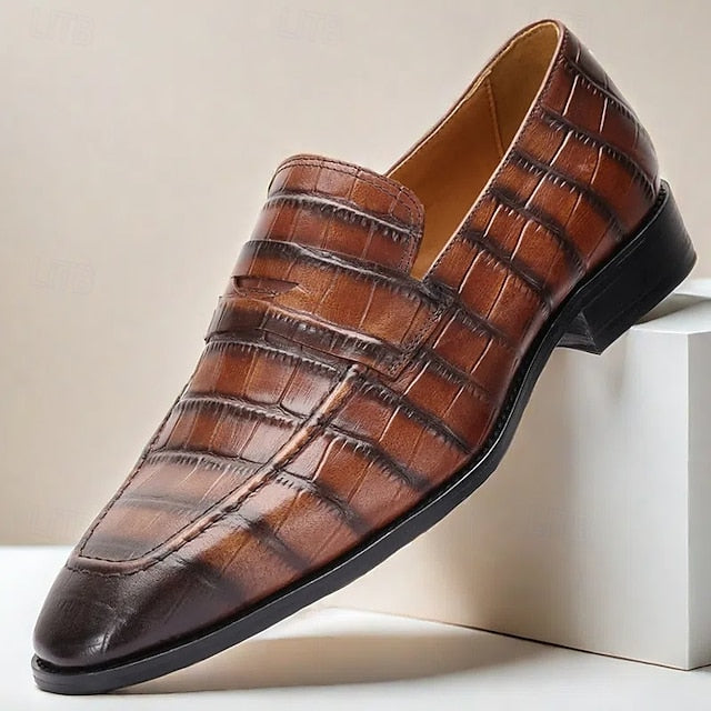 Shoes Leather Pattern Crocodile Classic Dress - Brown Men's