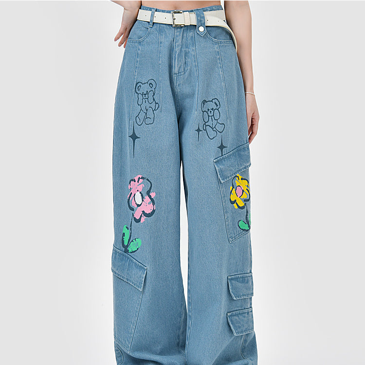 Y2K Style Denim Baggy Blue Bear Pants ON625 MK Kawaii Store