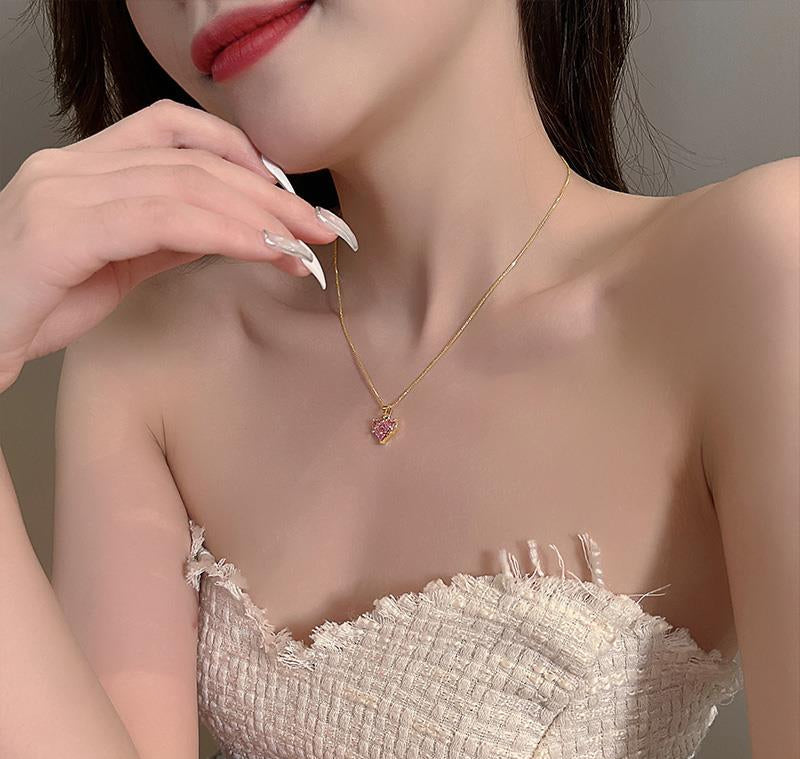 18K Gold Filled Pink Heart Necklace LIN35 - mkkawaiishop