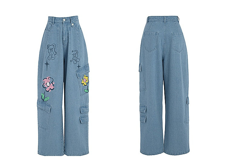 Y2K Style Denim Baggy Blue Bear Pants ON625 MK Kawaii Store